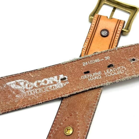 Nocona Western Concho Belt 30 Brown Leather Tooled Basketweave Rawhide Brass - Picture 6 of 12